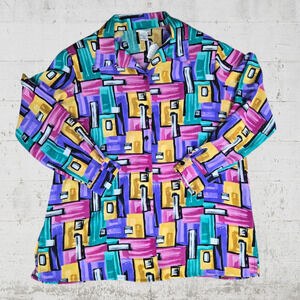 90s Vintage Multicolor Retro Eclectic Geometric Full Button Down Blouse Size 14W